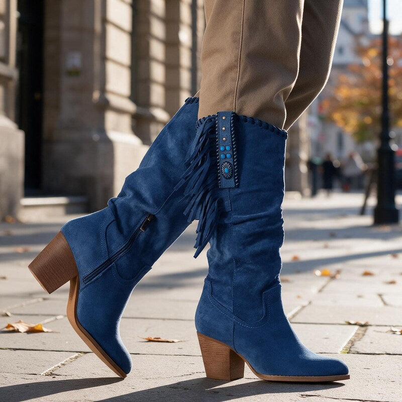 Santiag Femme Genou | Talon Haut et Trois Coloris Francs in Bleu#couleur_bleu