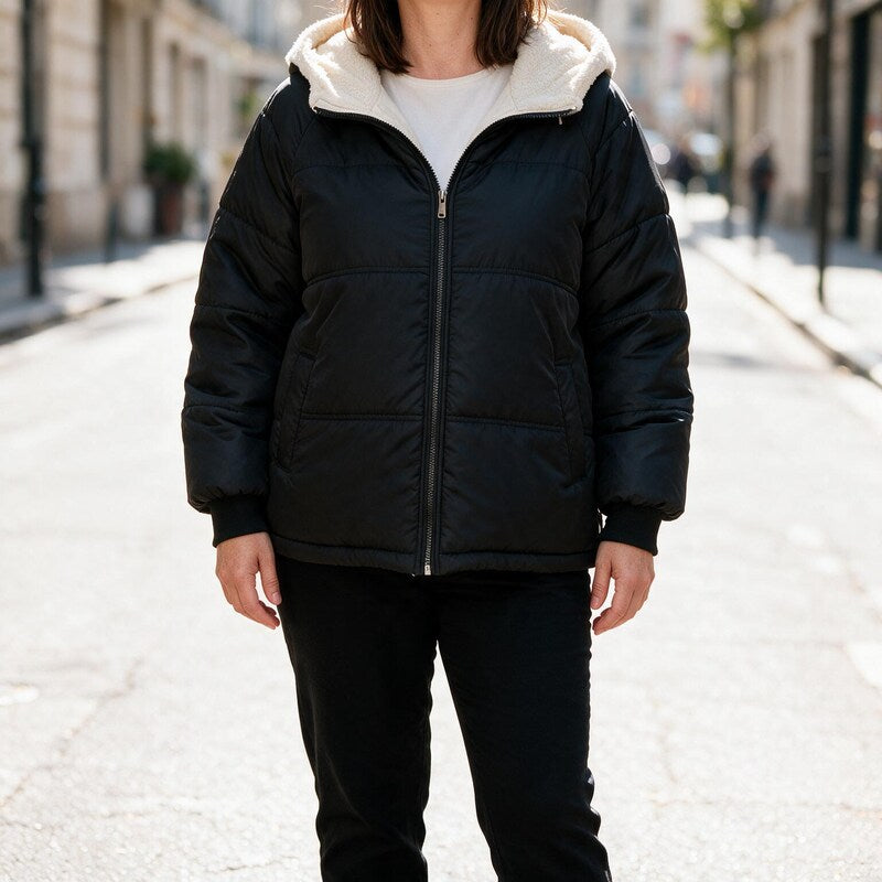 Veste Polaire Femme Matelassée | Capuche Doublée Sherpa#couleur_noir