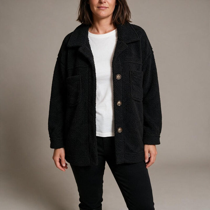 Veste Teddy Femme Boutonnée | Col Chemise et Poches Plaquées#couleur_noir