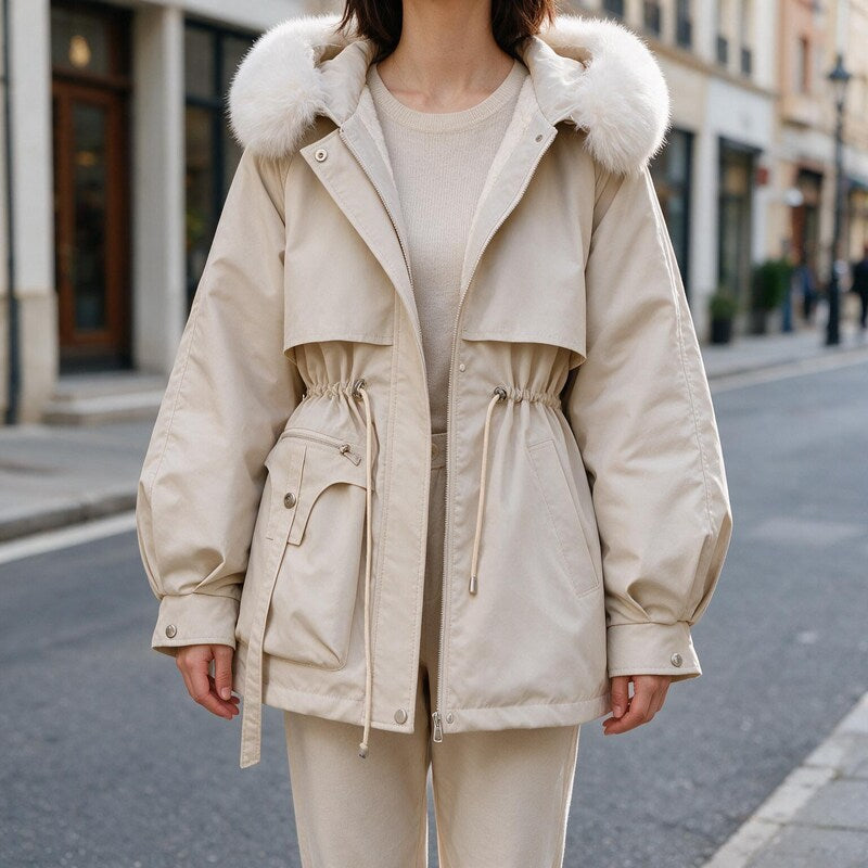 Parka Femme Capuche Cordon | Coupe Droite Mi Longue Chic in Beige#couleur_beige