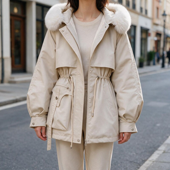Parka Femme Capuche Cordon | Coupe Droite Mi Longue Chic in Beige#couleur_beige