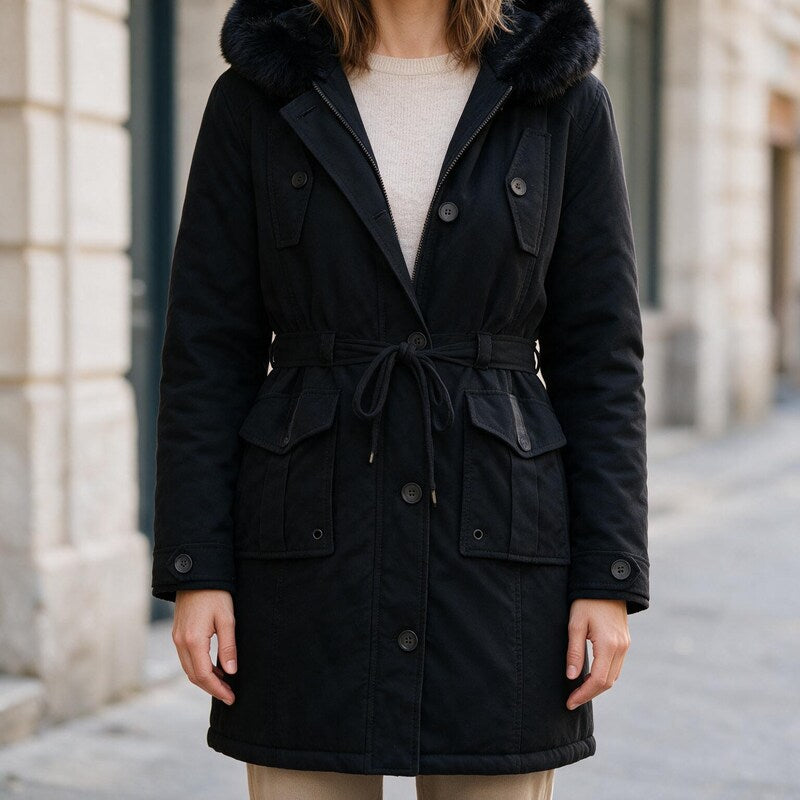 Parka Femme Capuche Fourrure | Coupe Chaude Hiver Élégante in Noir#couleur_noir