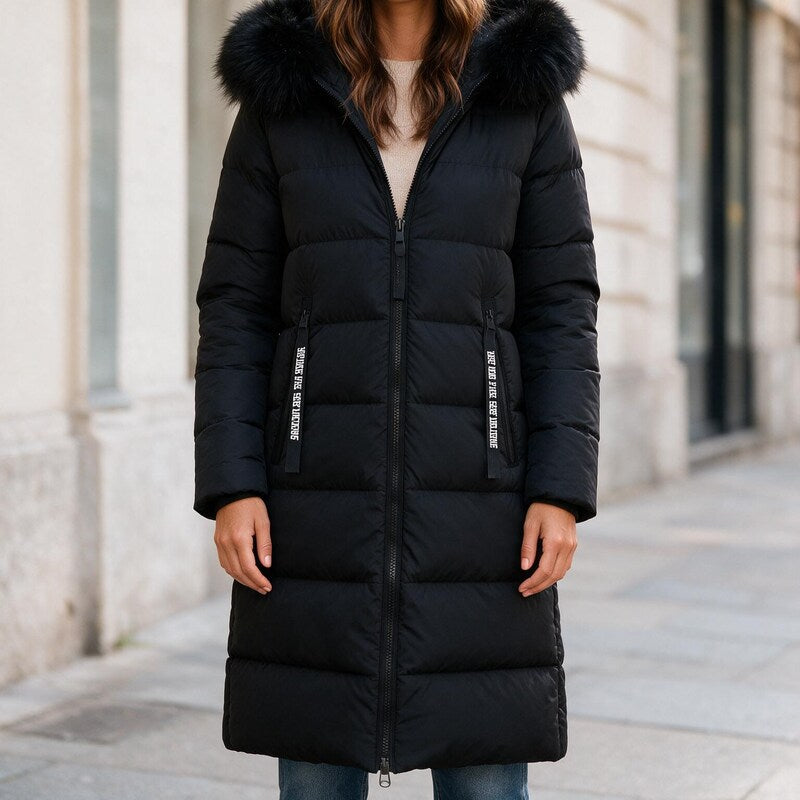 Parka Femme Longue Capuche | Doublure Isolante Bordée Élégante in Noir#couleur_noir