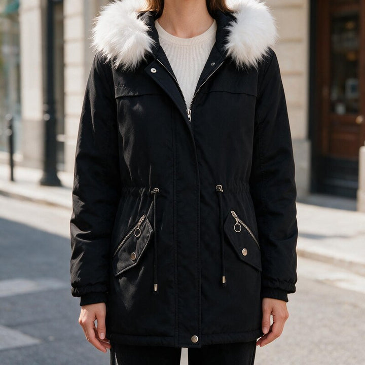 Parka Femme Neige | Capuche Bordée Cordon de Serrage Raffinée in Noir#couleur_noir