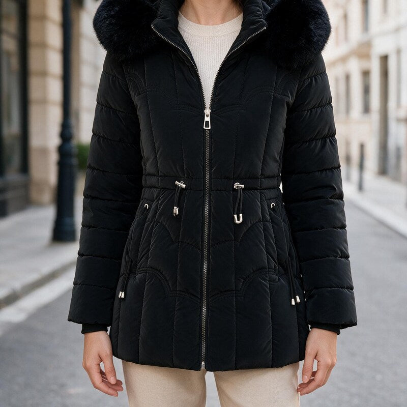 Parka Femme Rembourrée | Capuche Coupe Droite Confortable Chic in Noir#couleur_noir