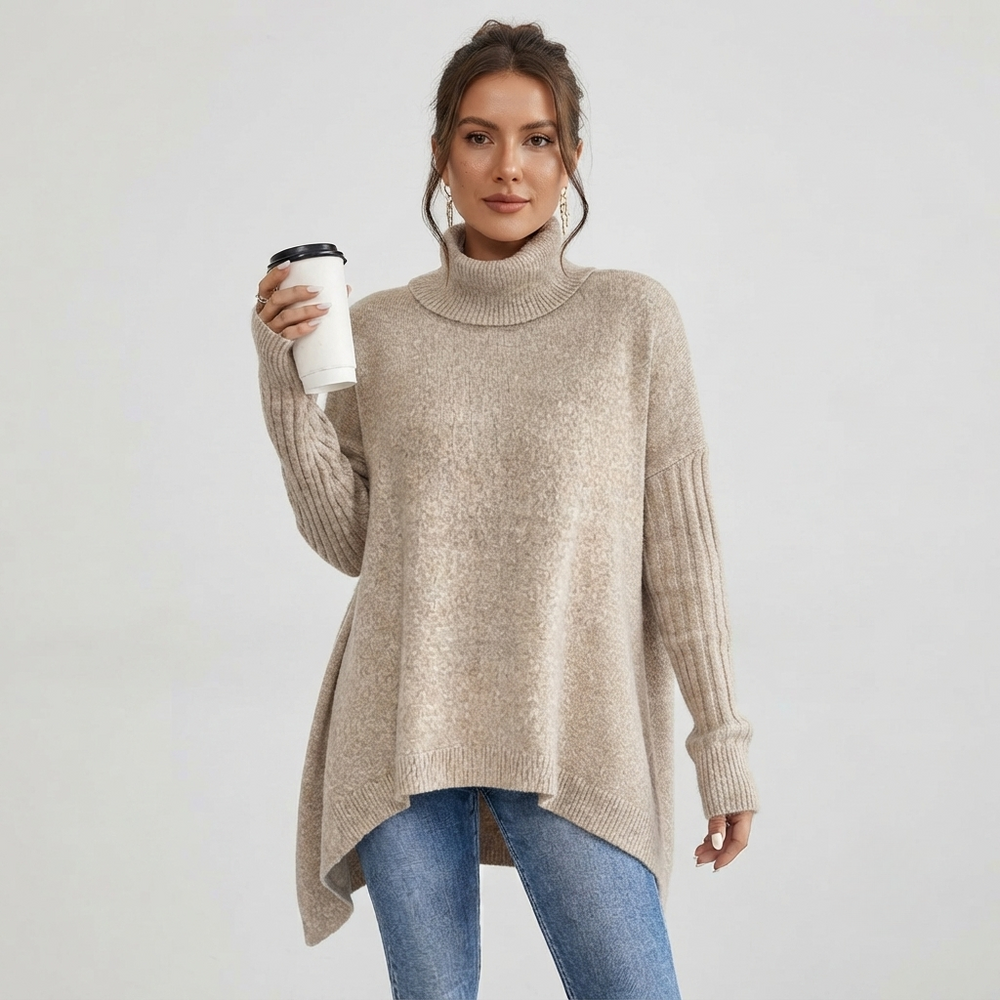 Pull Col Roulé Femme Oversize Long | Coupe Asymétrique – Beige#couleur_beige
