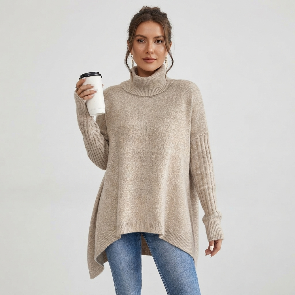 Pull Col Roulé Femme Oversize Long | Coupe Asymétrique – Beige#couleur_beige