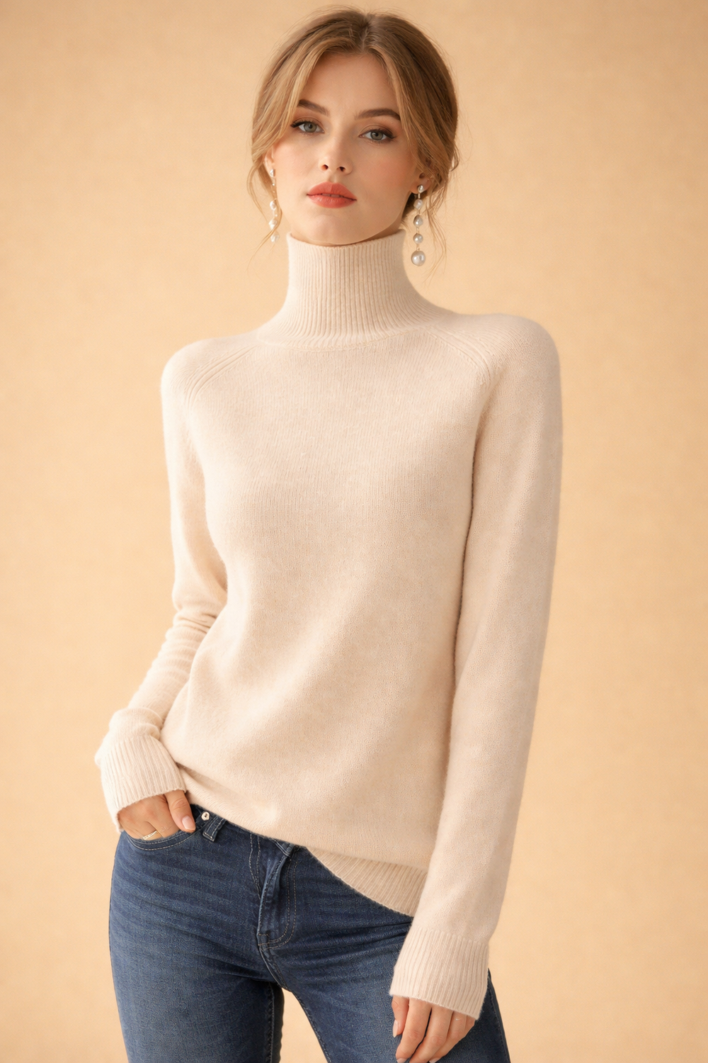 Pull Col Roulé Femme Ajusté Fin Uni | Basique Chic – Écru#couleur_cru