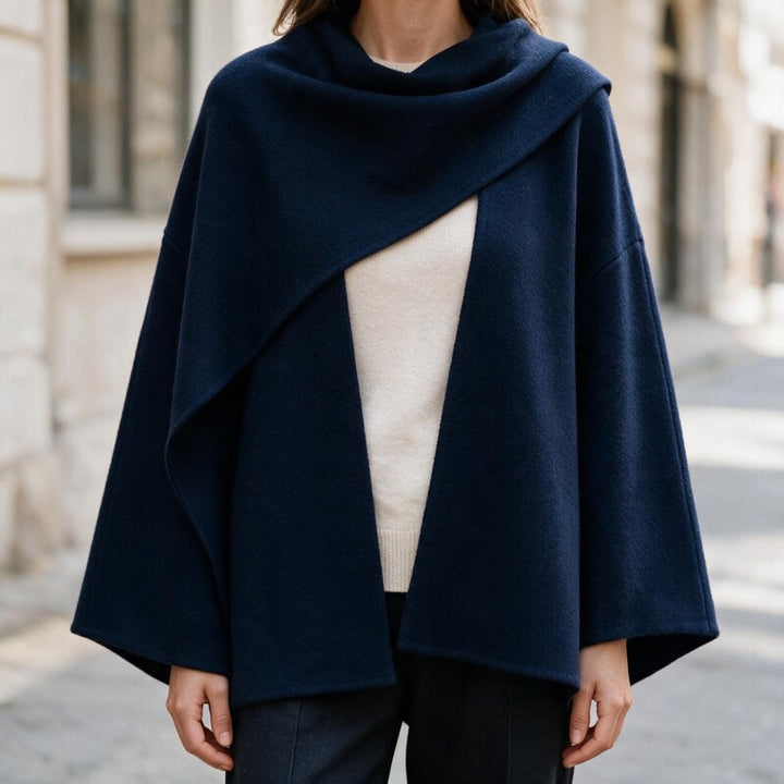 Poncho Femme Hiver | Cape Enveloppante Col Drapé Chaud Élégant in Marine#couleur_marine