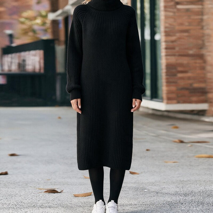 Robe Pull Femme Col Roulé | Maille Douce Coupe Longue Raffinée in Noir#couleur_noir