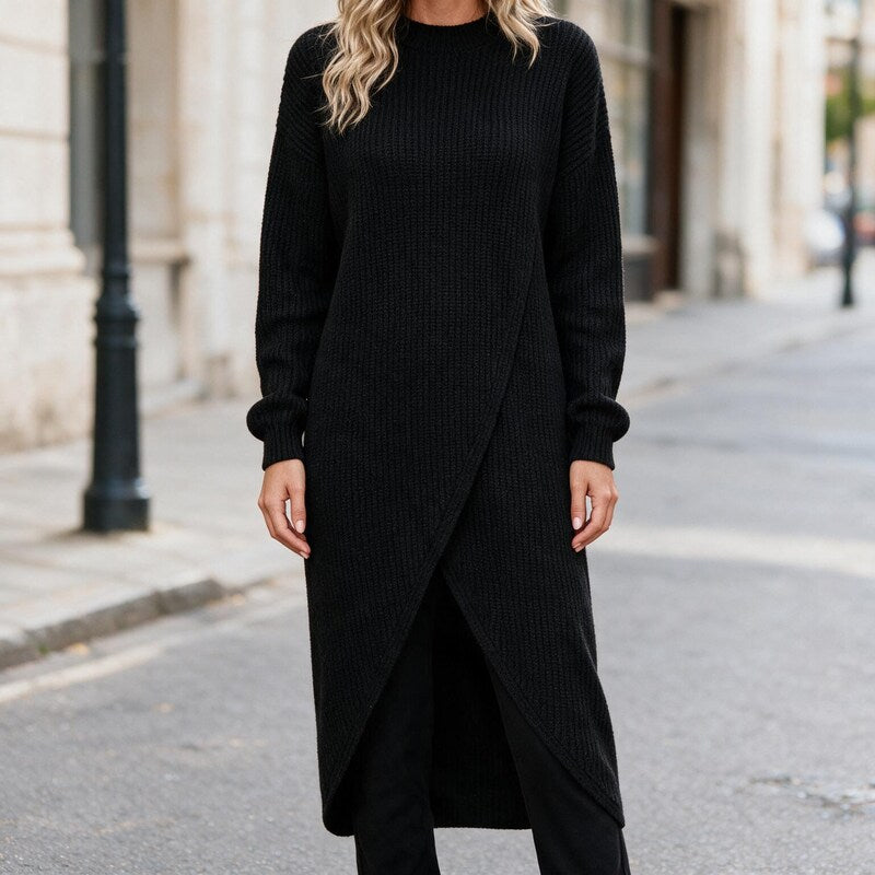 Robe Pull Femme Maille Côtelée | Ourlet Asymétrique Chic in Noir#couleur_noir