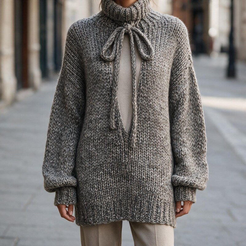Robe Pull Femme Oversize | Maille Laine Chaude Hiver Intemporelle in Gris#couleur_gris