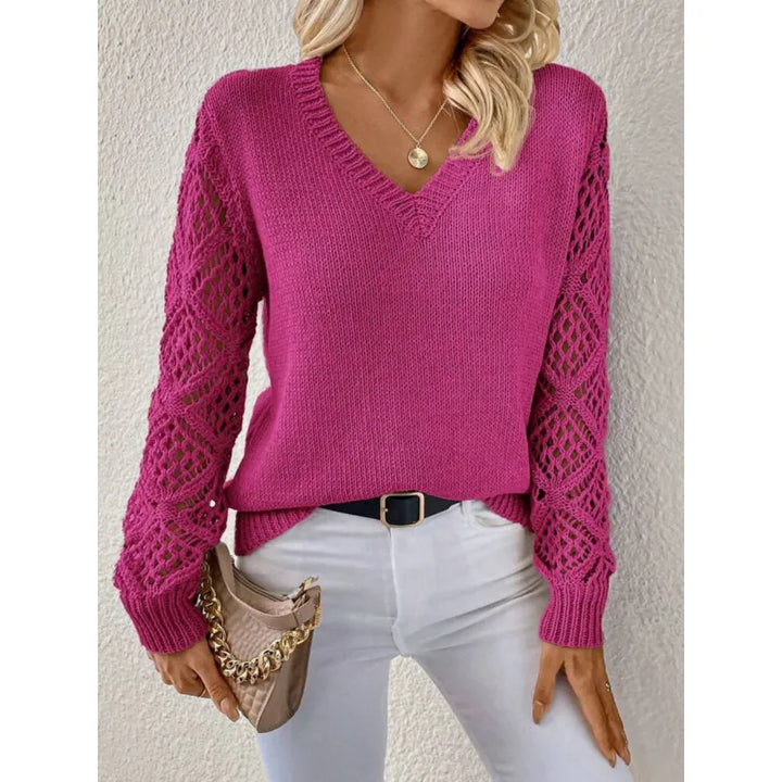 Pull Noir Femme Col V | Manches Ajourées et Maille Fine in Rose#couleur_rose