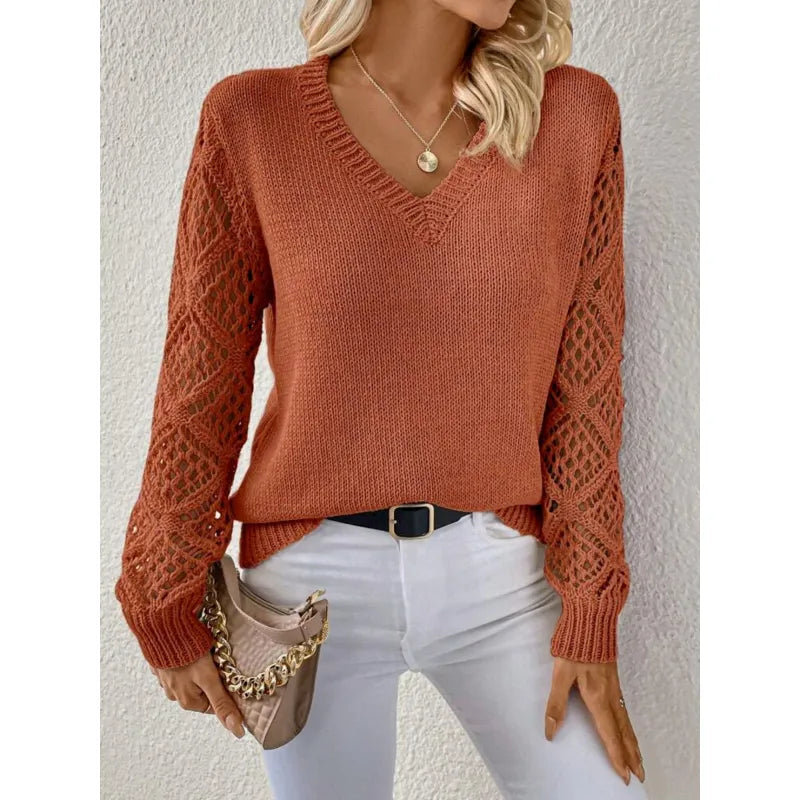 Pull Noir Femme Col V | Manches Ajourées et Maille Fine in Orange#couleur_orange