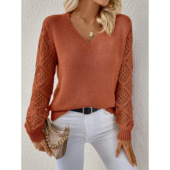 Pull Noir Femme Col V | Manches Ajourées et Maille Fine in Orange#couleur_orange