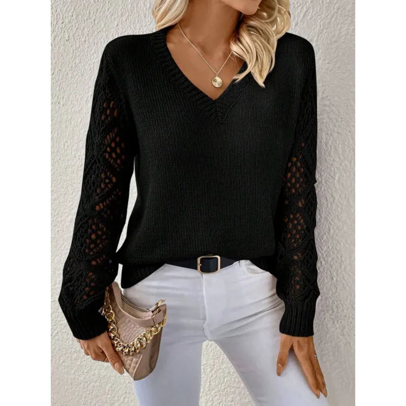 Pull Noir Femme Col V | Manches Ajourées et Maille Fine in Noir#couleur_noir