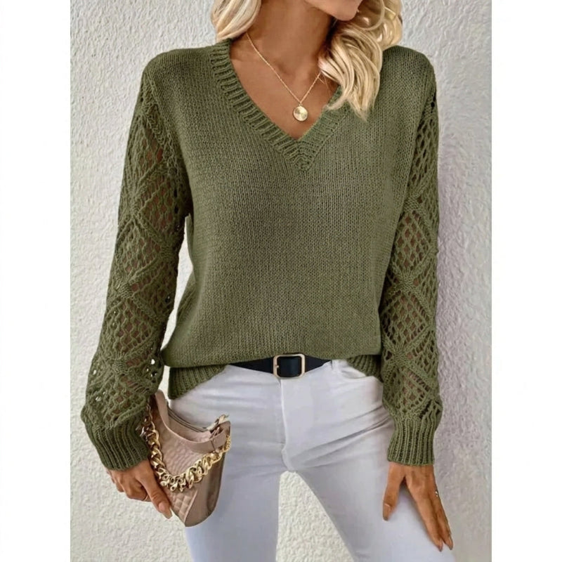 Pull Noir Femme Col V | Manches Ajourées et Maille Fine in Vert olive#couleur_vert-olive