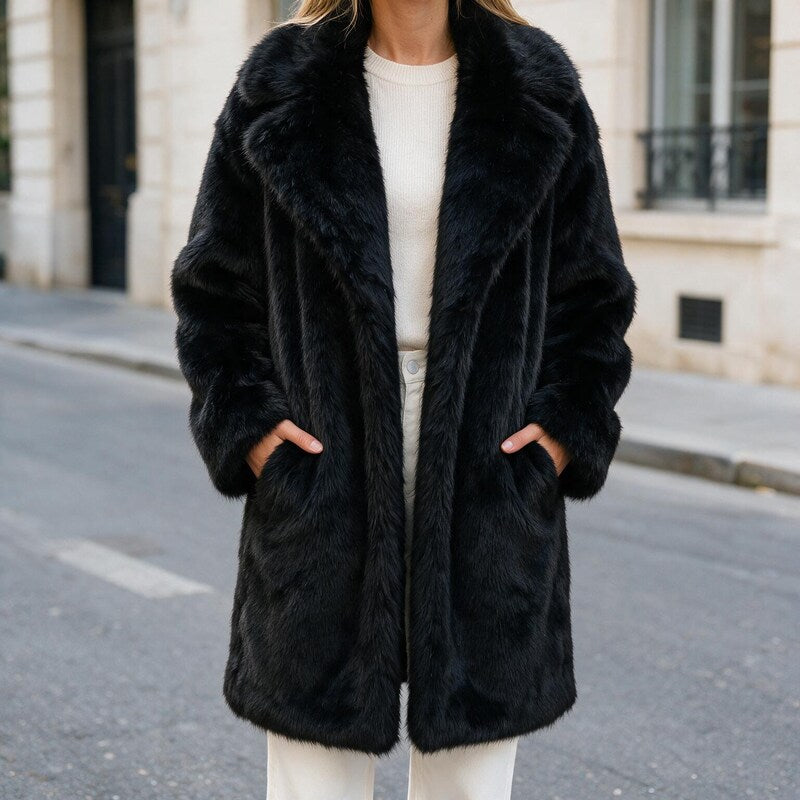 Veste Fausse Fourrure Femme | Col Châle Coupe Ouverte Élégante in Noir#couleur_noir