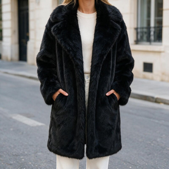 Veste Fausse Fourrure Femme | Col Châle Coupe Ouverte Élégante in Noir#couleur_noir