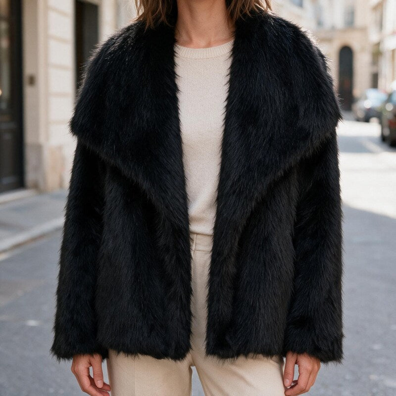 Veste Fausse Fourrure Femme Col Large | Manches Longues Chic in Noir#couleur_noir