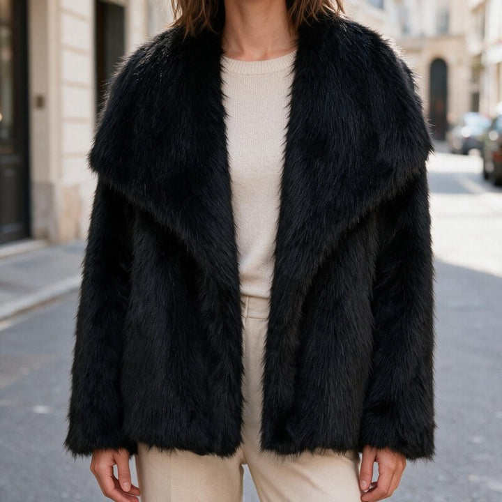 Veste Fausse Fourrure Femme Col Large | Manches Longues Chic in Noir#couleur_noir