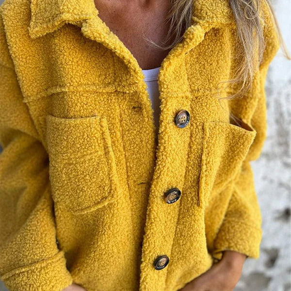 Veste Teddy Femme Boutonnée | Col Chemise et Poches Plaquées – Jaune#couleur_jaune