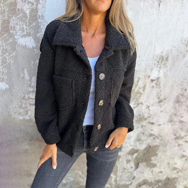 Veste Teddy Femme Boutonnée | Col Chemise et Poches Plaquées – Noir#couleur_noir