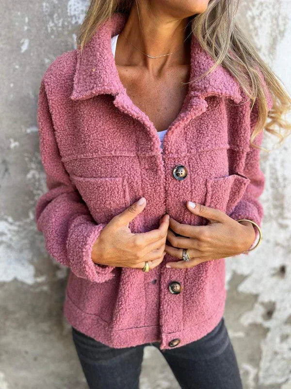 Veste Teddy Femme Boutonnée | Col Chemise et Poches Plaquées – Rose#couleur_rose