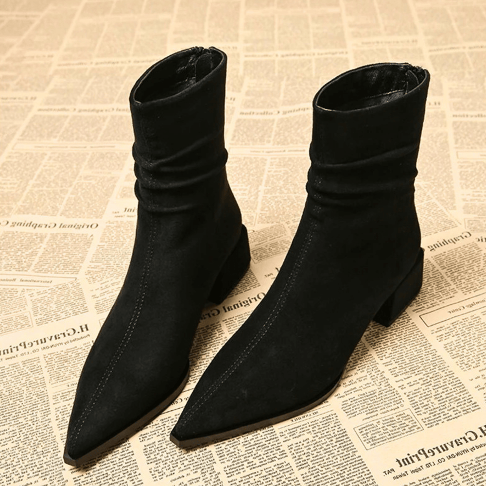 Bottines Drapées en Daim | Bout Pointu Élégantes – Noir #couleur_noir