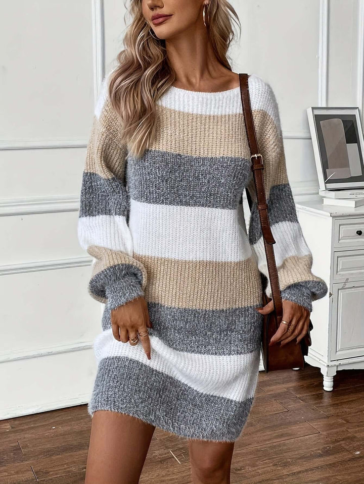Robe Pull Femme Rayée | Maille Épaisse Coupe Décontractée Chic in Abricot#couleur_abricot