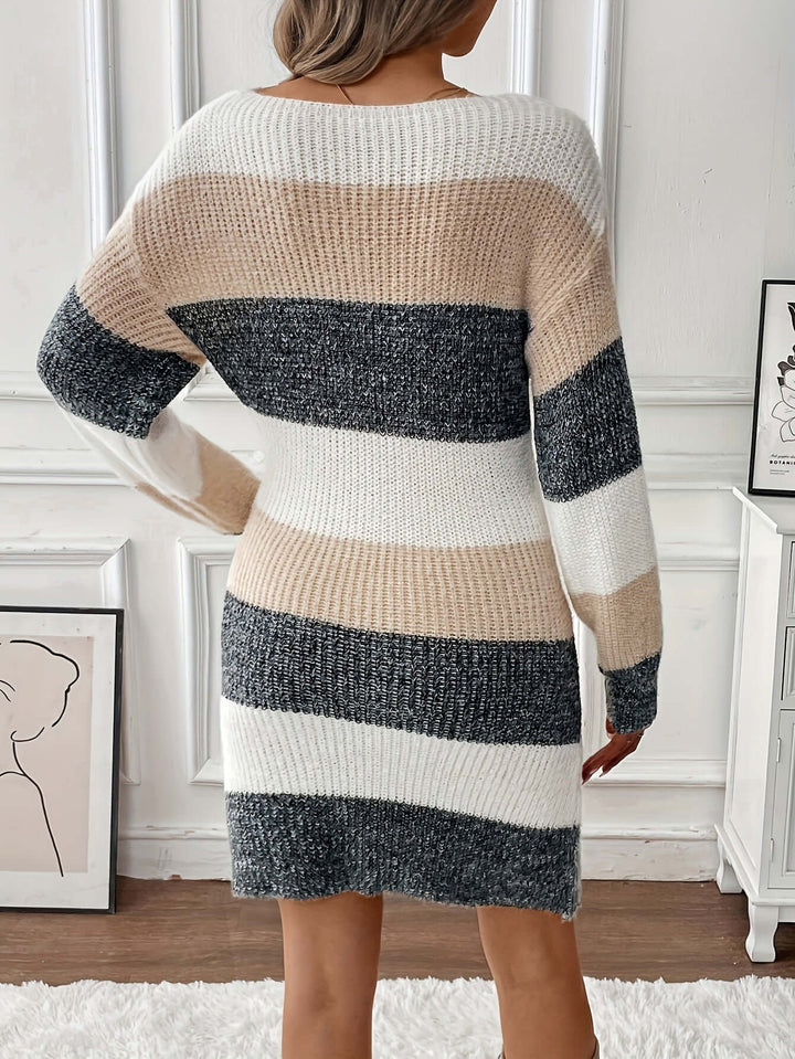 Robe Pull Femme Rayée | Maille Épaisse Coupe Décontractée Chic in Abricot#couleur_abricot