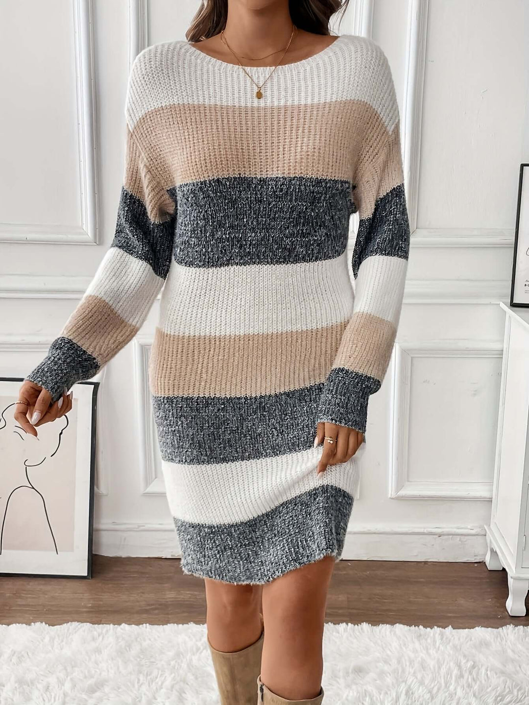 Robe Pull Femme Rayée | Maille Épaisse Coupe Décontractée Chic in Abricot#couleur_abricot