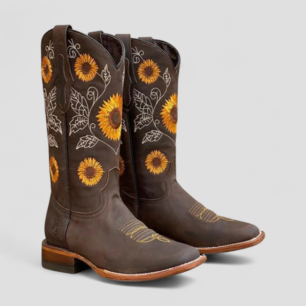 Bottes Santiag Femme à Fleurs | Talon Bas et Motif Brodé in Chocolat#couleur_chocolat