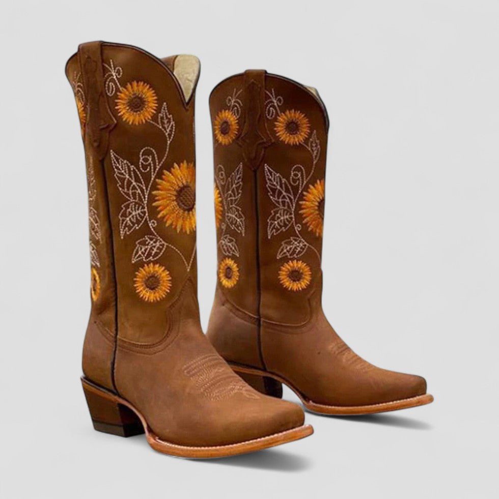 Bottes Santiag Femme à Fleurs | Talon Bas et Motif Brodé in Marron#couleur_marron