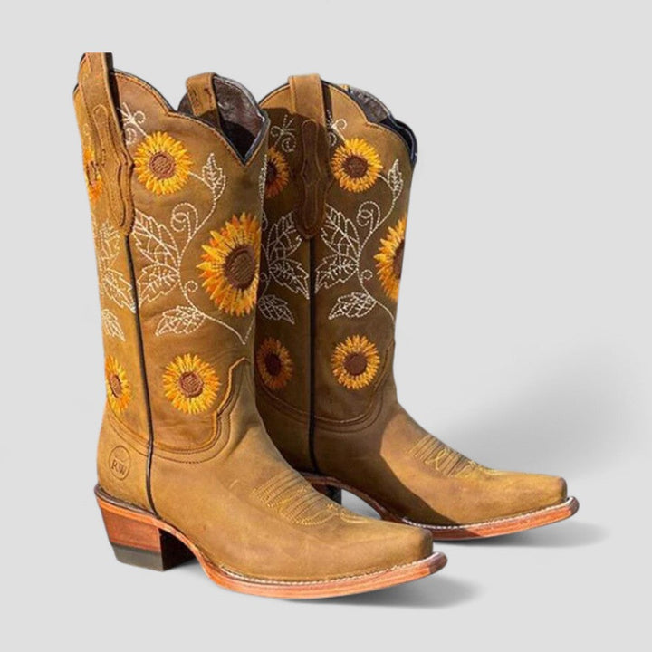 Bottes Santiag Femme à Fleurs | Talon Bas et Motif Brodé in Kaki#couleur_kaki