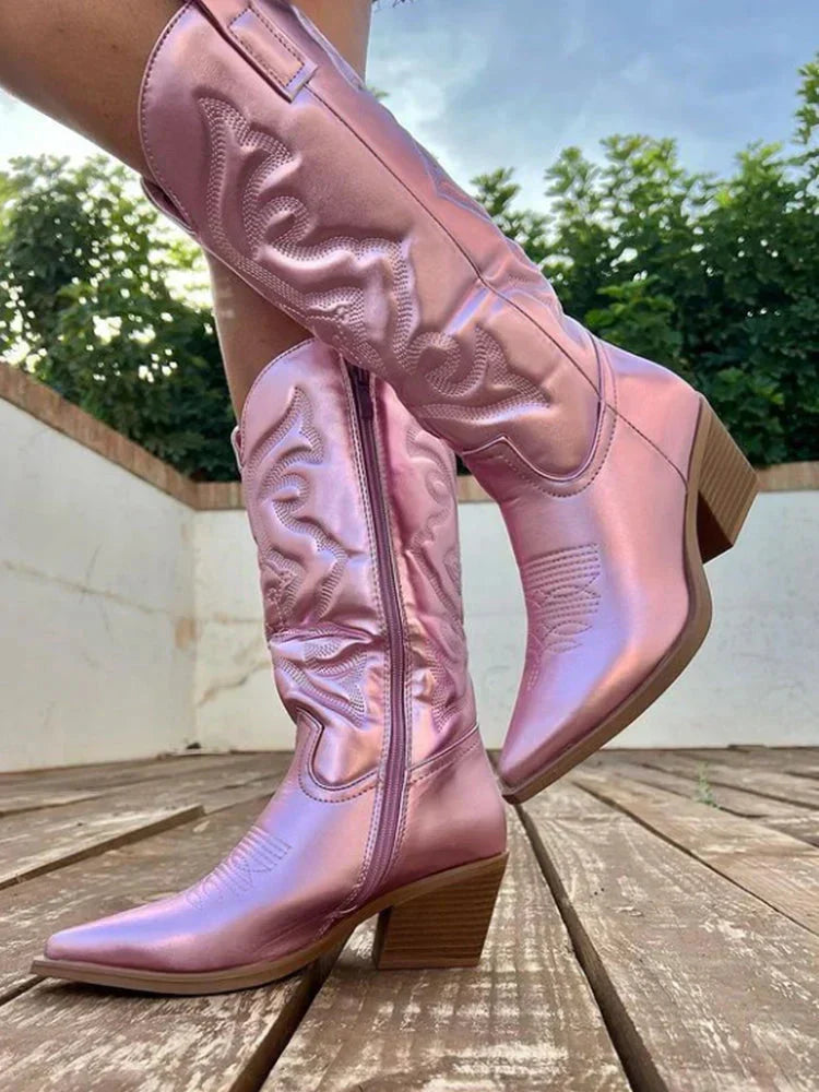 Bottes Santiag Femme Brodées | Tige Haute et Bout Pointu in Rose#couleur_rose