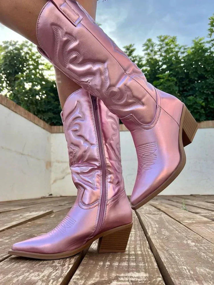 Bottes Santiag Femme Brodées | Tige Haute et Bout Pointu in Rose#couleur_rose