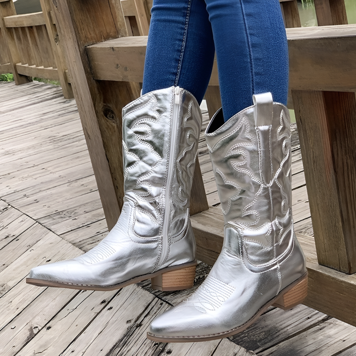 Bottes Santiag Femme Brodées | Tige Haute et Bout Pointu in Argenté#couleur_argent