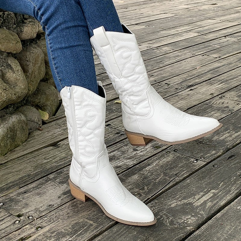 Bottes Santiag Femme Brodées | Tige Haute et Bout Pointu in Blanc#couleur_blanc