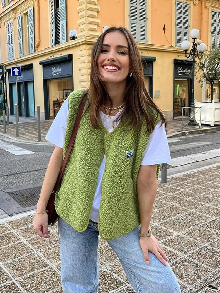 Gilet Femme Sherpa Zippé | Col Montant Doudou – Vert#couleur_vert
