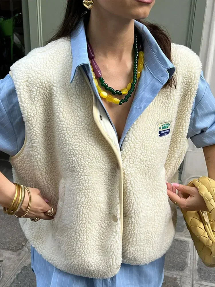 Gilet Femme Sherpa Zippé | Col Montant Doudou – Blanc#couleur_blanc
