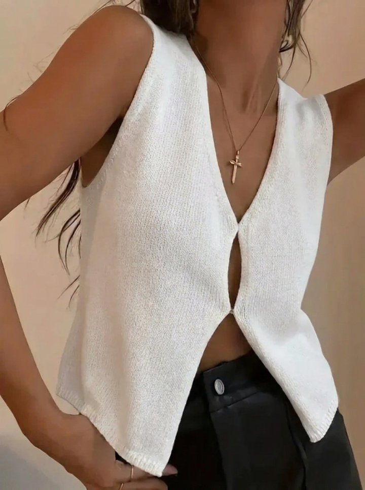 Gilet Femme Sans Manches en Maille | Grand Col V – Blanc#couleur_blanc