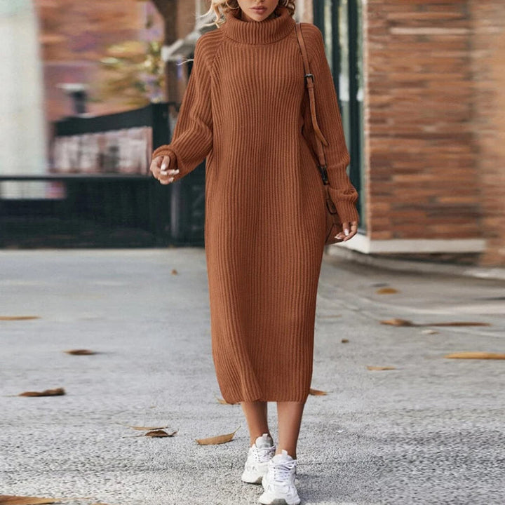 Robe Pull Femme Mi-Longue Côtelée | Col Roulé Souple – Camel#couleur_camel