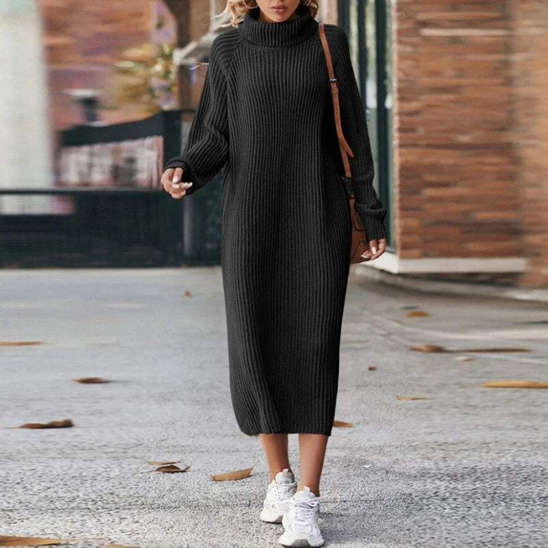 Robe Pull Femme Col Roulé | Maille Douce Coupe Longue Raffinée in Noir#couleur_noir