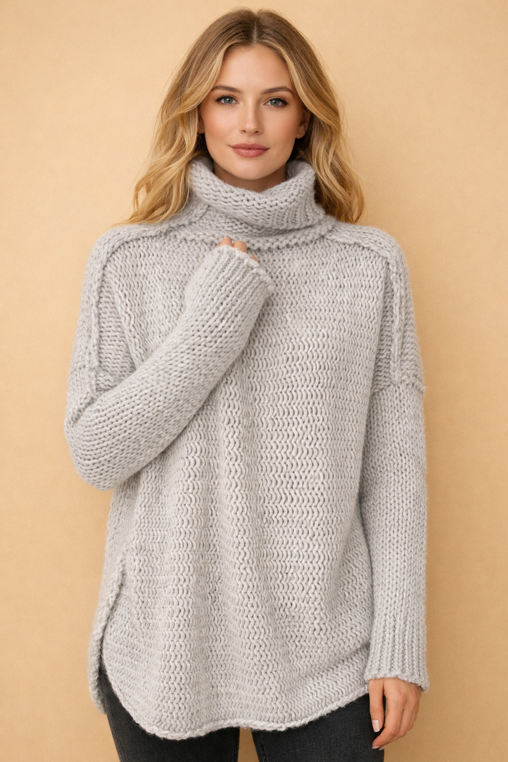 Pull Col Roulé Femme Tunique Grosse Maille | Coupe Longue – Gris#couleur_gris