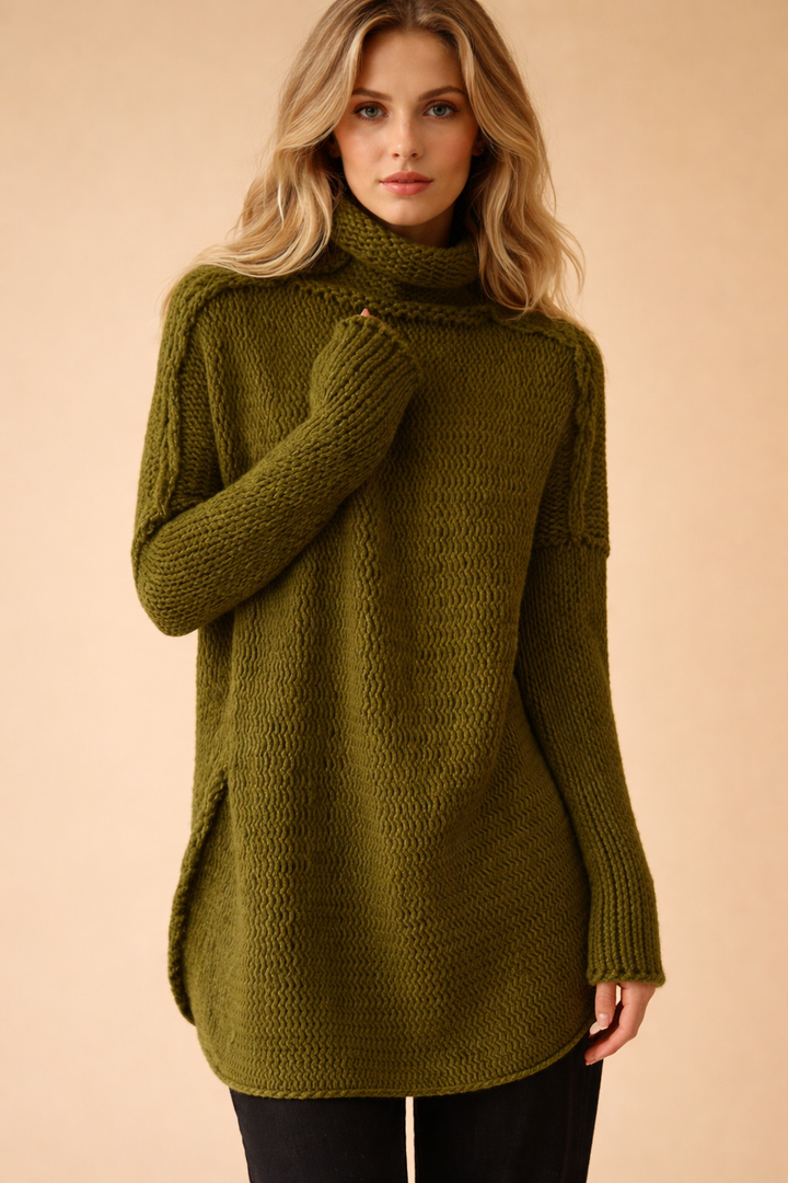 Pull Col Roulé Femme Tunique Grosse Maille | Coupe Longue – Vert olive#couleur_vert-olive