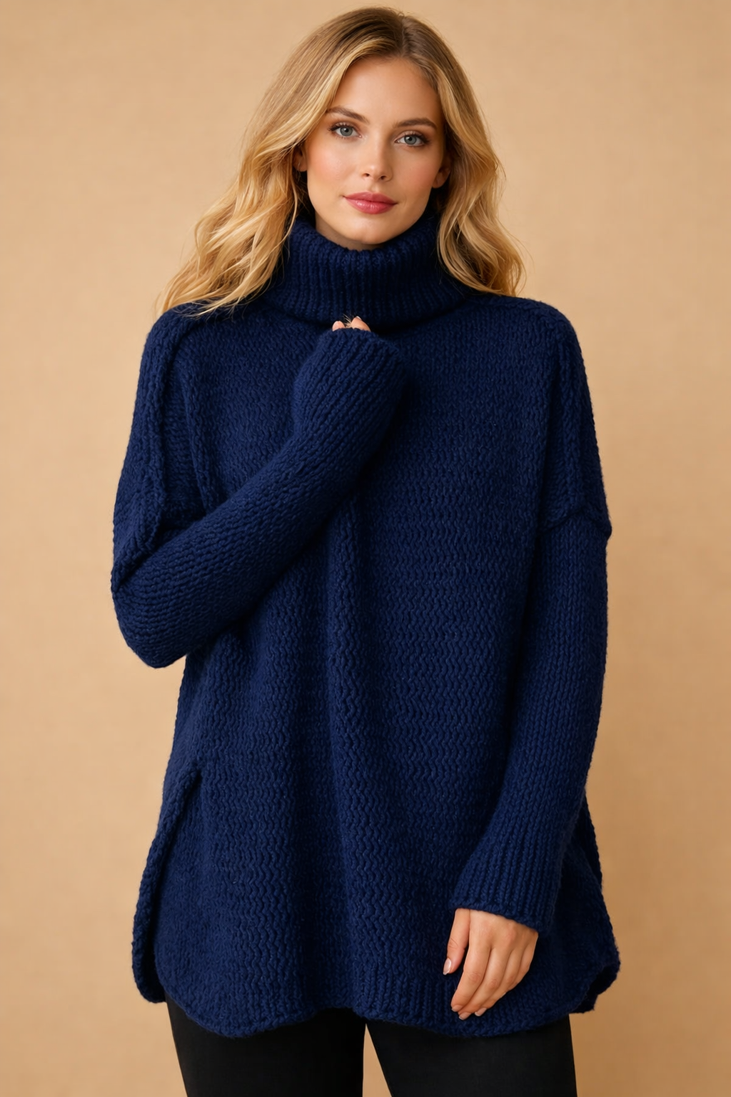 Pull Col Roulé Femme Tunique Grosse Maille | Coupe Longue – Marine#couleur_marine