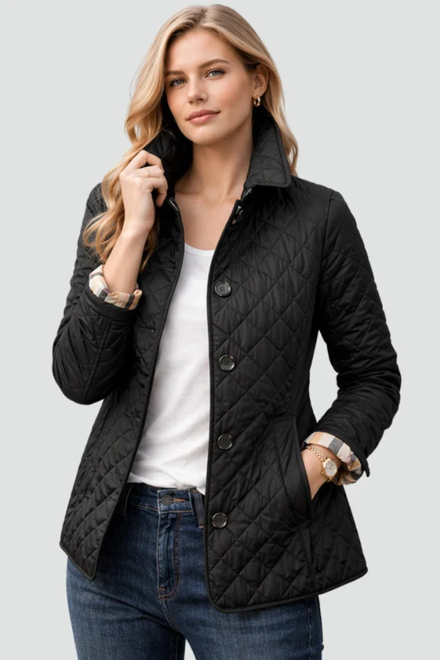 Doudoune Matelassée Losange | Boutonnée Coupe Ceinturée Raffinée in Noir#couleur_noir