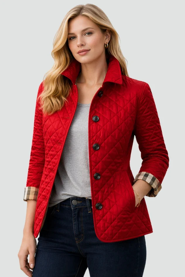 Doudoune Matelassée Losange | Boutonnée Coupe Ceinturée Raffinée in Rouge#couleur_rouge