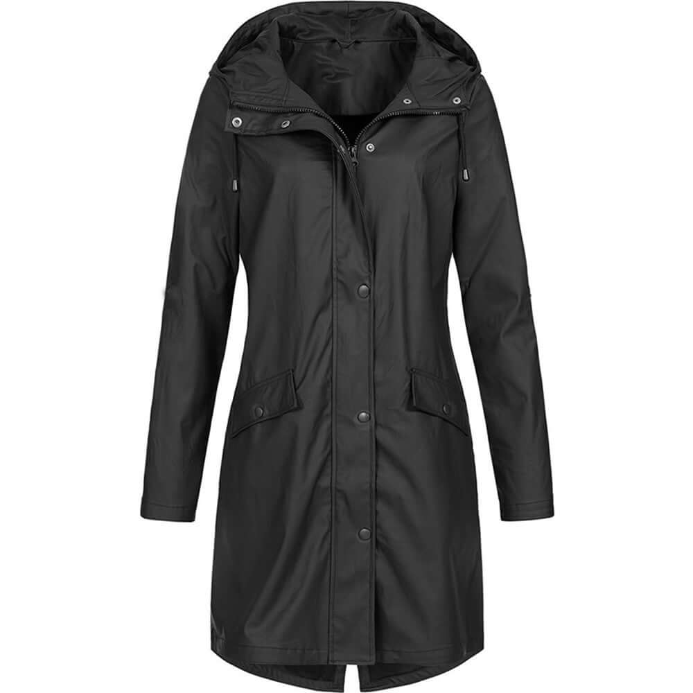 Parka Femme Imperméable avec Capuche | Coupe Longue et Zip in Noir#couleur_noir